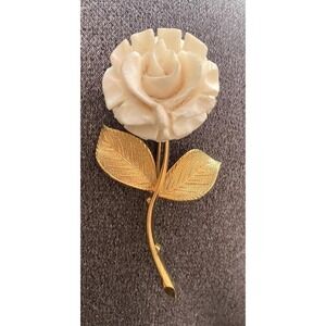 Vintage 50's Wells 14k Gold Filled Hand Carved White Celluloid Rose Brooch